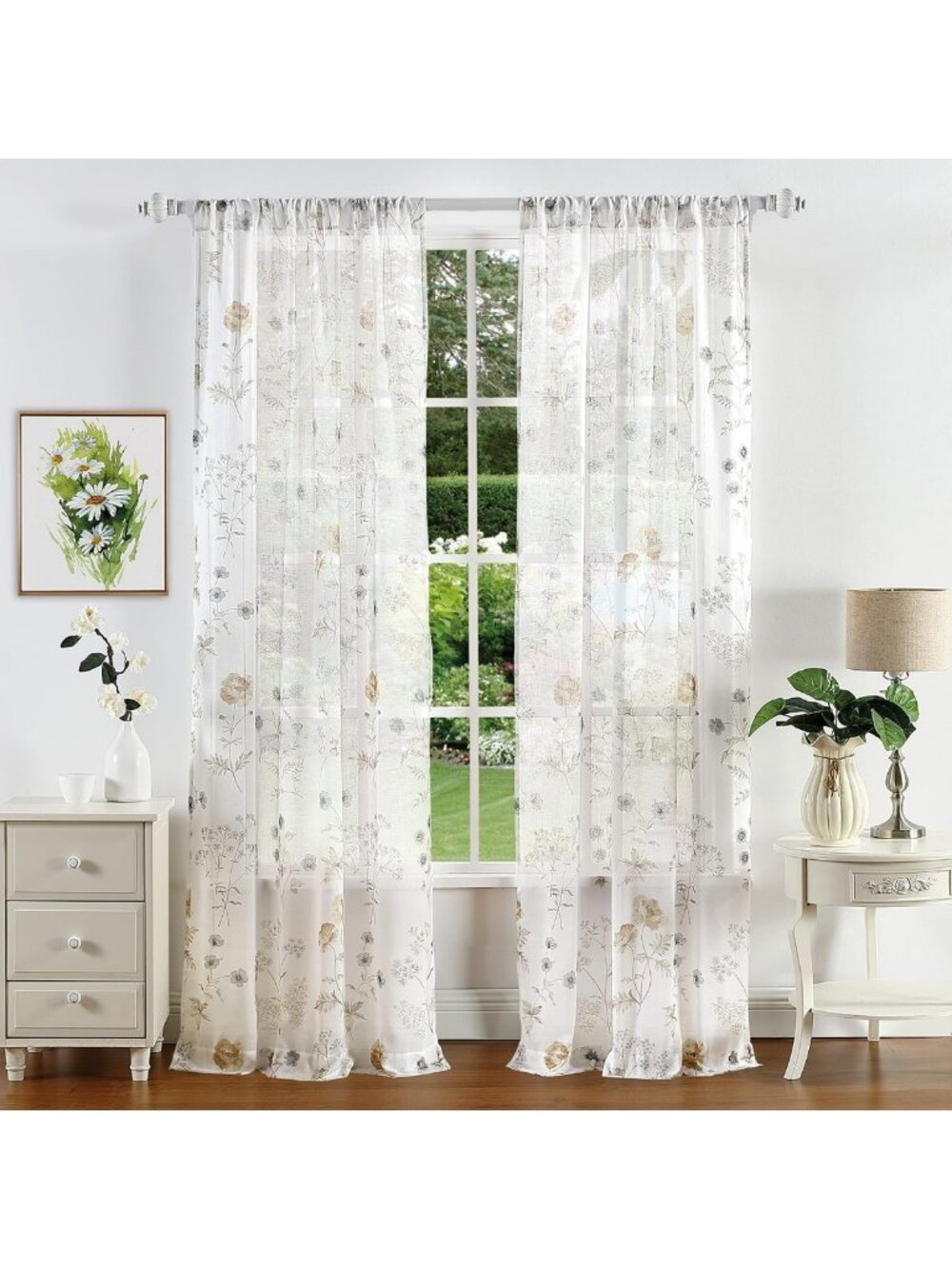 Floral Garden Curtains 37x84" - Elegant Gold Design, 2 Panel Set for Home Decor